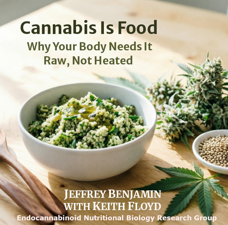 Book cover of 'Cannabis Is Food' by Jeffrey Benjamin and Keith Floyd with cannabis leaves and seeds on a wooden surface.