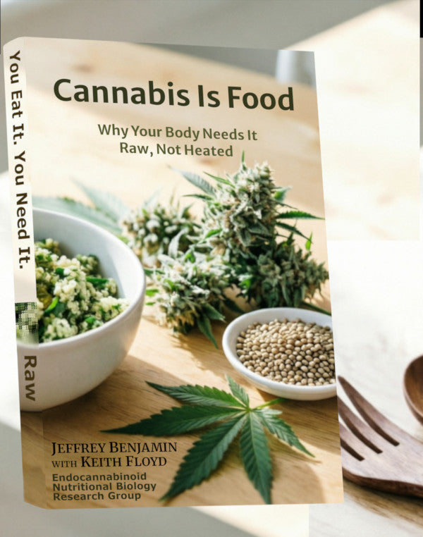 Book cover of 'Cannabis Is Food' with cannabis leaves and ingredients on a wooden surface.